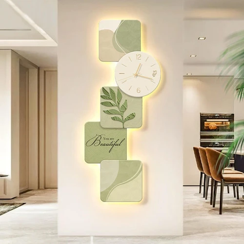 Tranh Đồng Hồ Đèn Led Tráng Gương Pha lê Uv Lá Xanh Nghệ Thuật