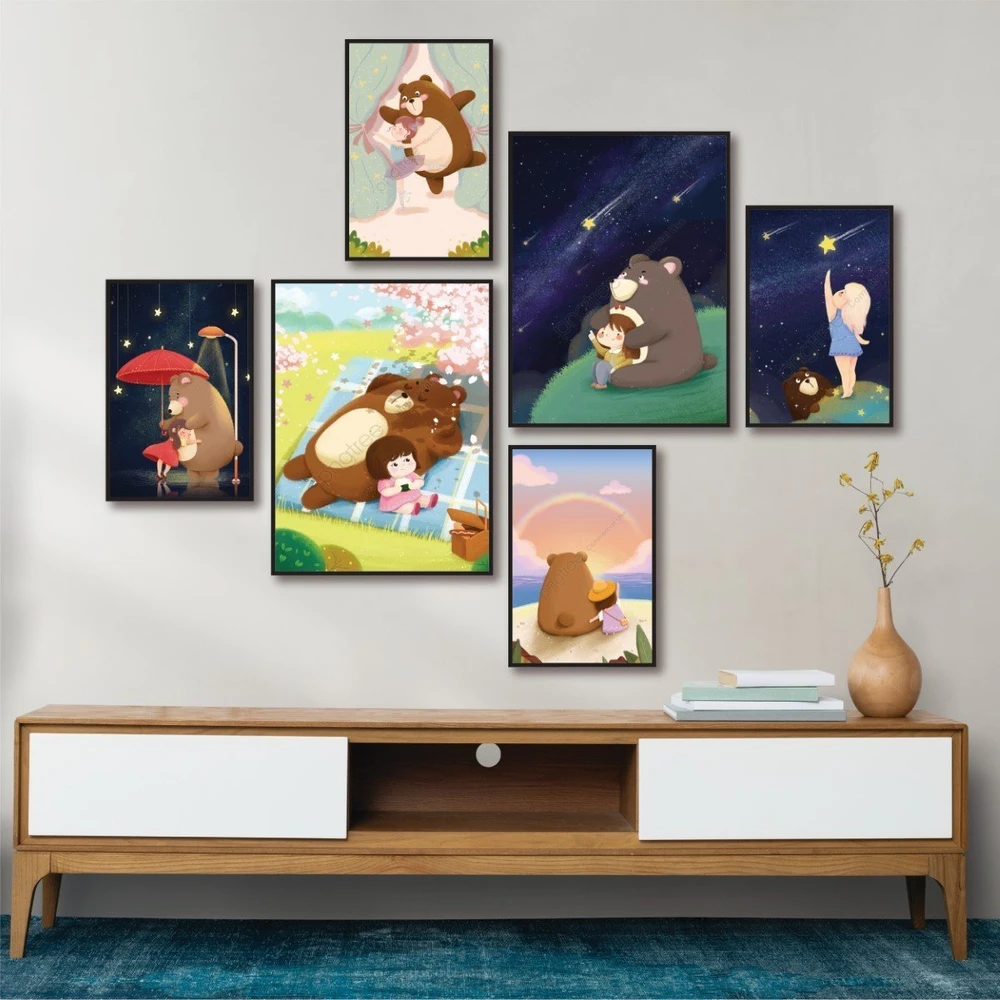 Set 6 Tranh Dán Tường Con Gấu Và Cô Gái