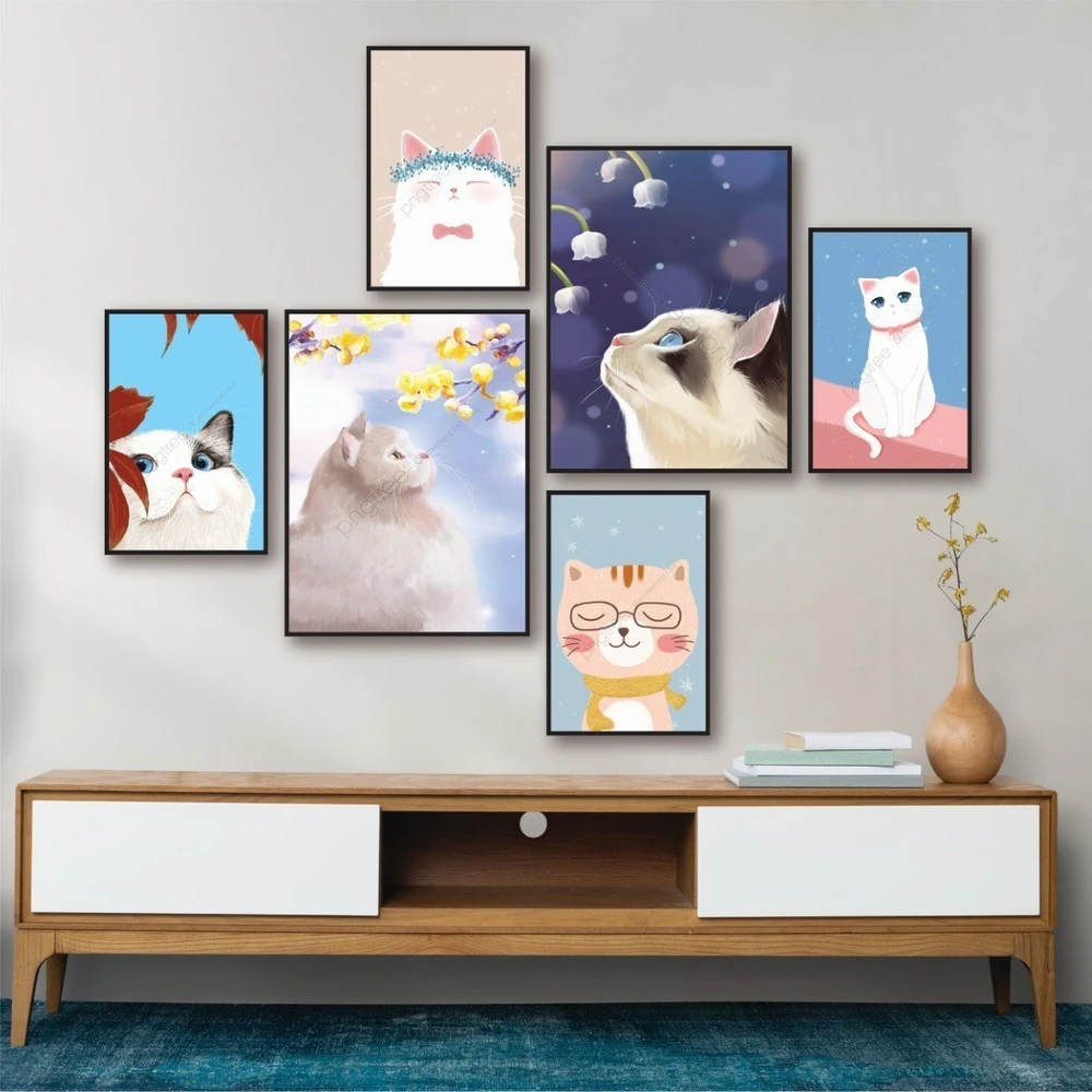 Set 6 Tranh Dán Tường Con Mèo Dể Thương