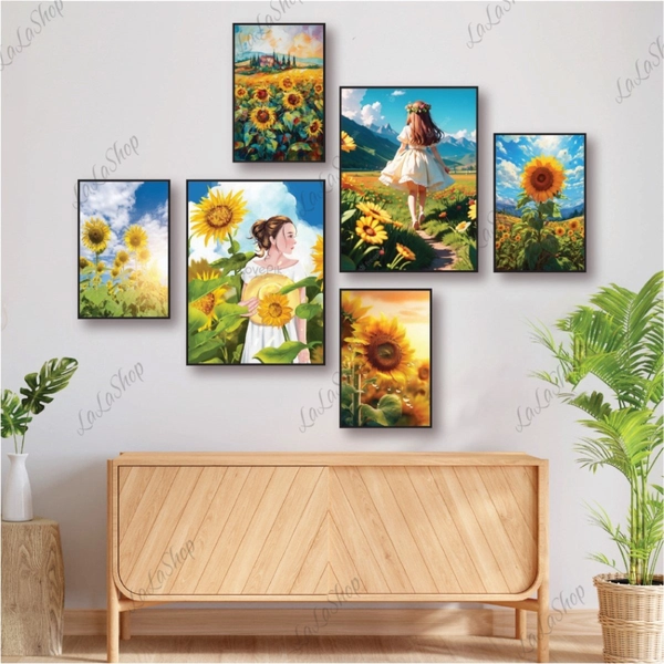 Set 6 Tranh Dán Tường Cô Gái Và Hoa Hướng Dương có keo sẵn