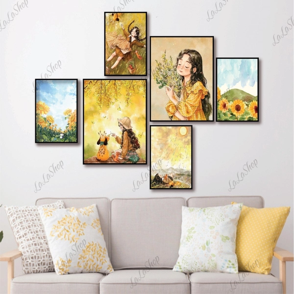 Set 6 Tranh Dán Tường Cô Gái Và Hoa Hướng Dương có keo sẵn