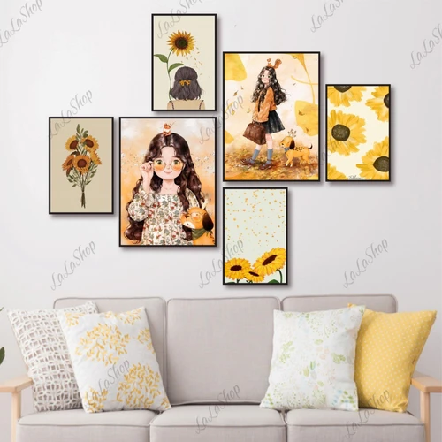 Set 6 Tranh Dán Tường Cô Gái Và Hoa Hướng Dương có keo sẵn