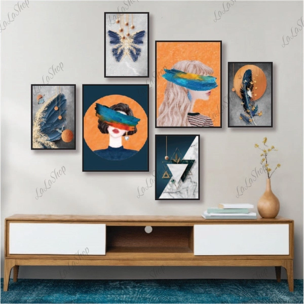 Set 6 Tranh Dán Tường Cô Gái Và Lông Vũ Nghệ Thuật Có Keo Sẵn