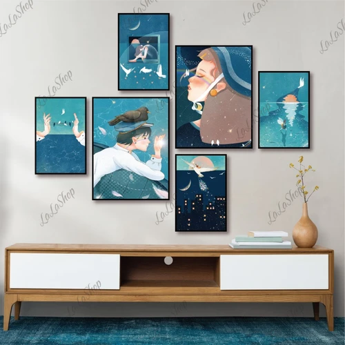 Set 6 Tranh Dán Tường Cô Gái Và Những Con Chim Có Keo Sẵn