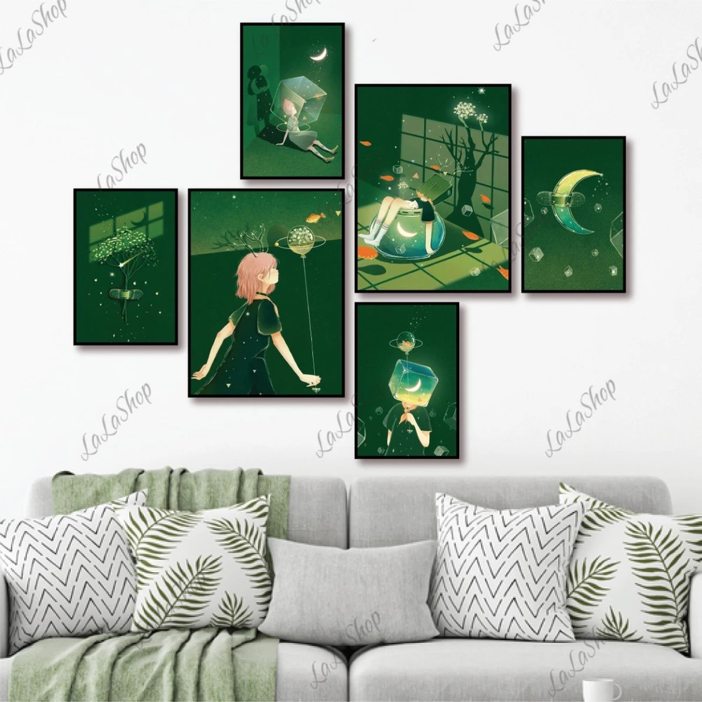 Set 6 Tranh Dán Tường Cô Gái Và Trăng Sao Có Keo Sẵn