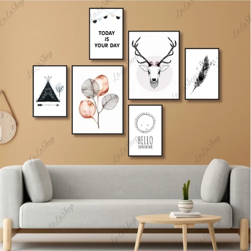 Set 6 Tranh Dán Tường Con Hươu Trắng Đen Có Keo Sẵn