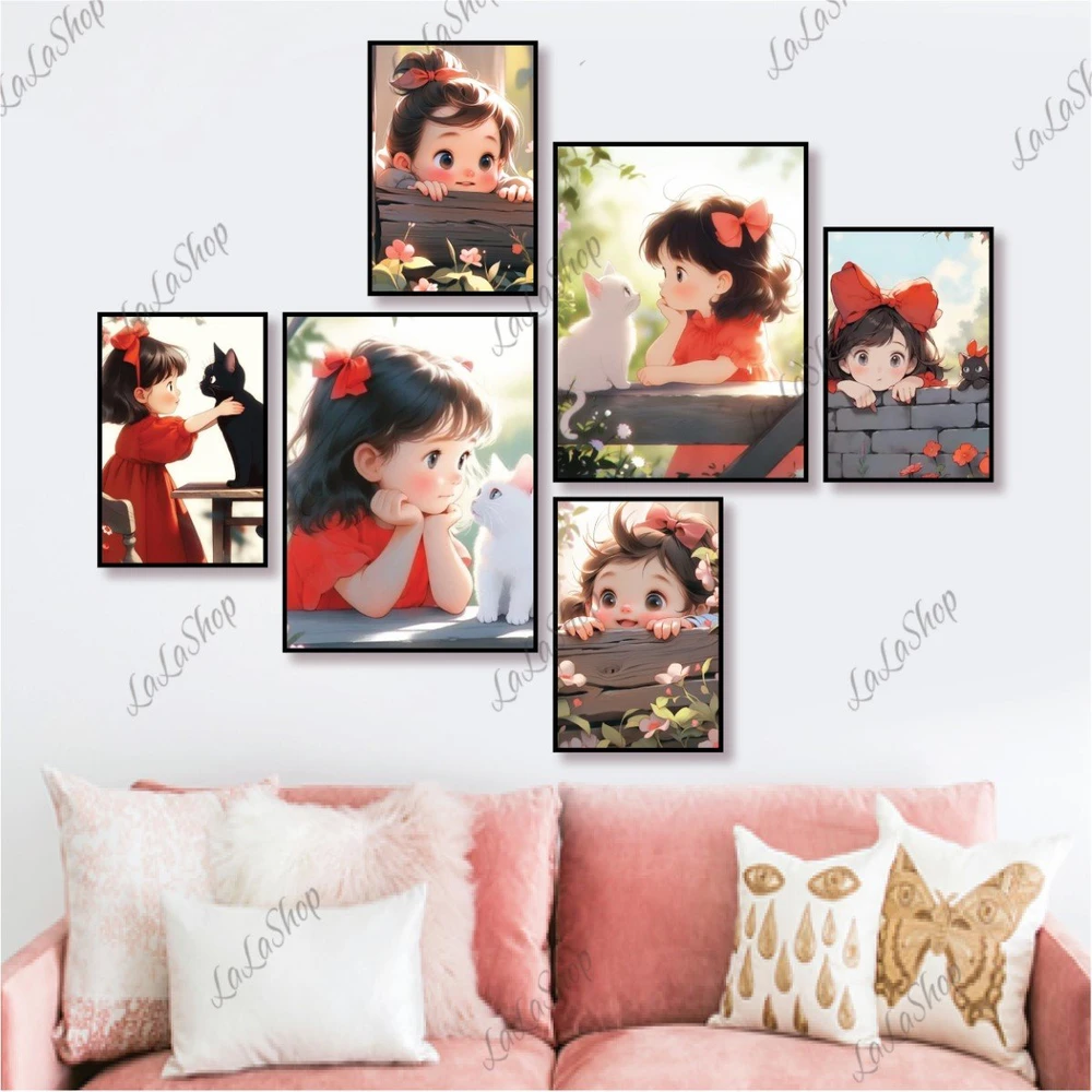 Set 6 Tranh Dán Tường Bé Gái Và Con Mèo Có Keo Sẵn