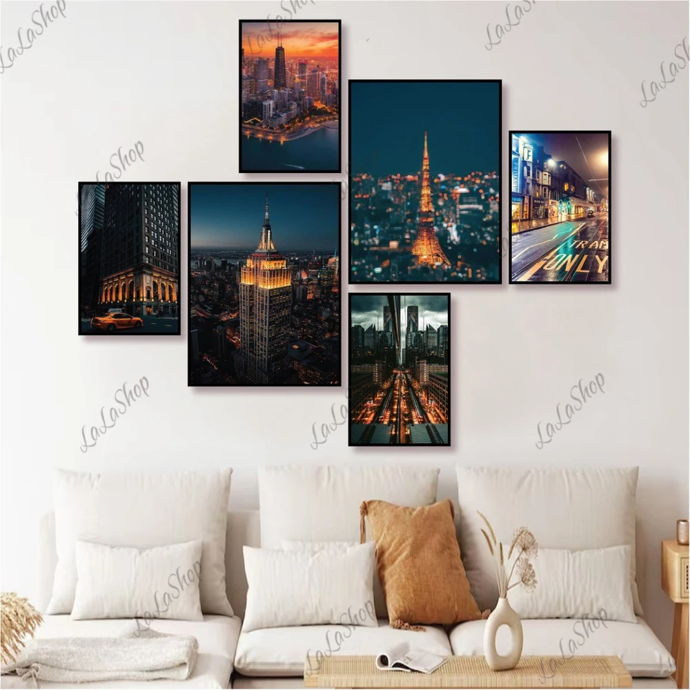 Set 6 Tranh Dán Tường Cảnh Đường Phố Về Đêm 02 Có Keo Sẵn