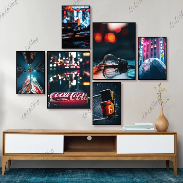 Set 6 Tranh Dán Tường Cảnh Đường Phố Về Đêm Nhìn Từ Trên Cao Có Keo Sẵn