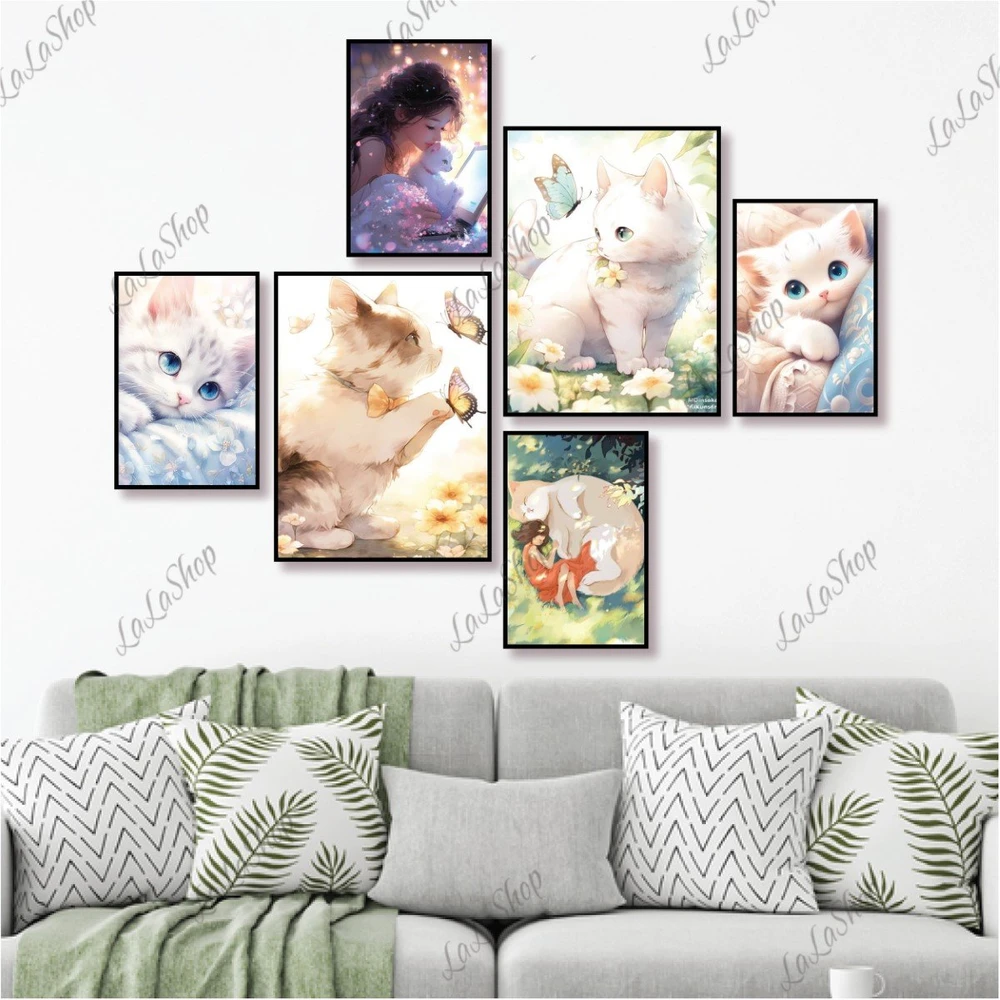 Set 6 Tranh Dán Tường Cô Gái Và Con Mèo Có Keo Sẵn