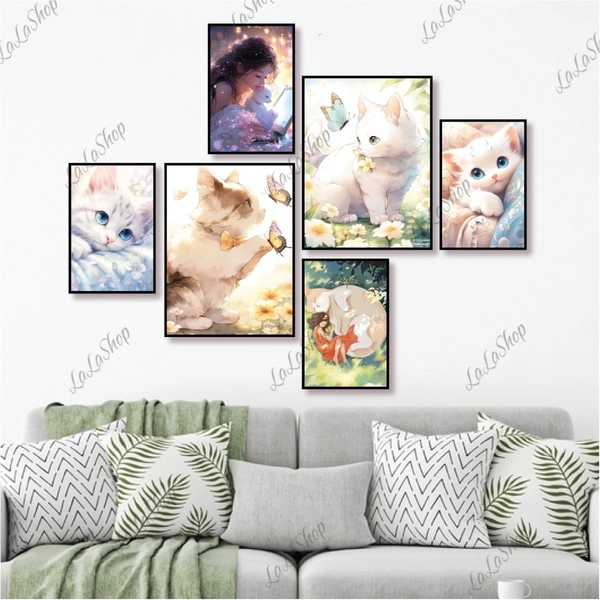 Set 6 Tranh Dán Tường Cô Gái Và Con Mèo Có Keo Sẵn