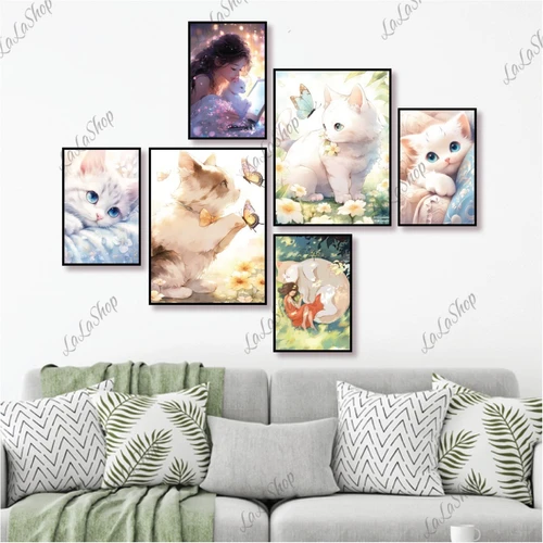 Set 6 Tranh Dán Tường Cô Gái Và Con Mèo Có Keo Sẵn