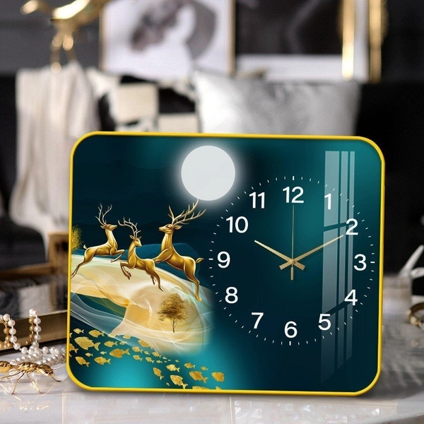 Tranh Đồng Hồ Để Bàn Hươu Vàng Và Đàn Cá Nghệ Thuật