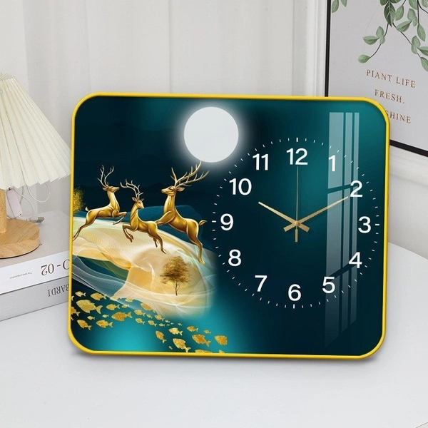 Tranh Đồng Hồ Để Bàn Hươu Vàng Và Đàn Cá Nghệ Thuật