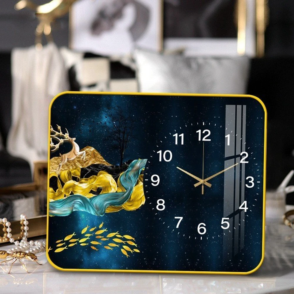 Tranh Đồng Hồ Để Bàn Hươu Vàng Và Đàn Cá Nghệ Thuật