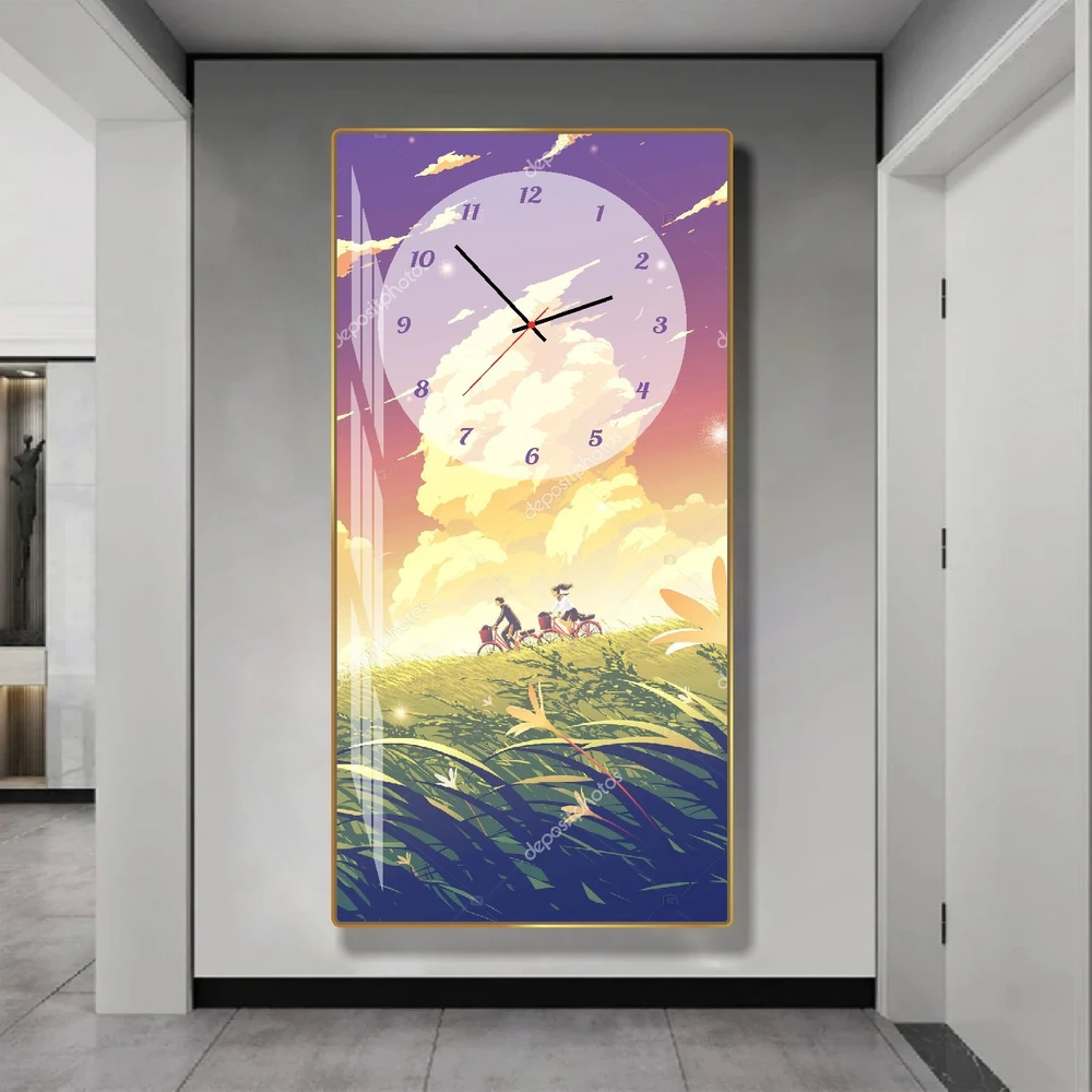 Tranh Đồng Hồ Treo Tường Anime Cặp Đôi Đạp Xe Trên Cánh Đồng