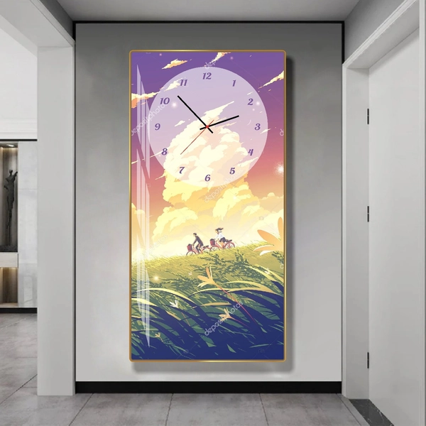 Tranh Đồng Hồ Treo Tường Anime Cặp Đôi Đạp Xe Trên Cánh Đồng