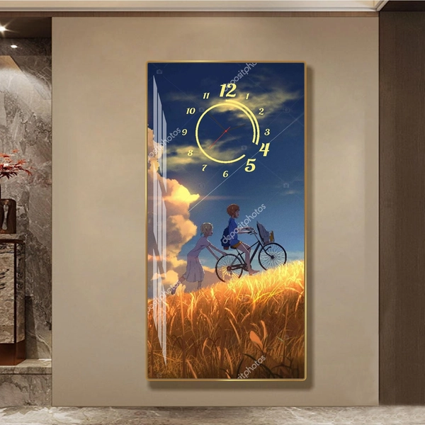 Tranh Đồng Hồ Treo Tường Anime Cặp Đôi Đạp Xe Trên Cánh Đồng