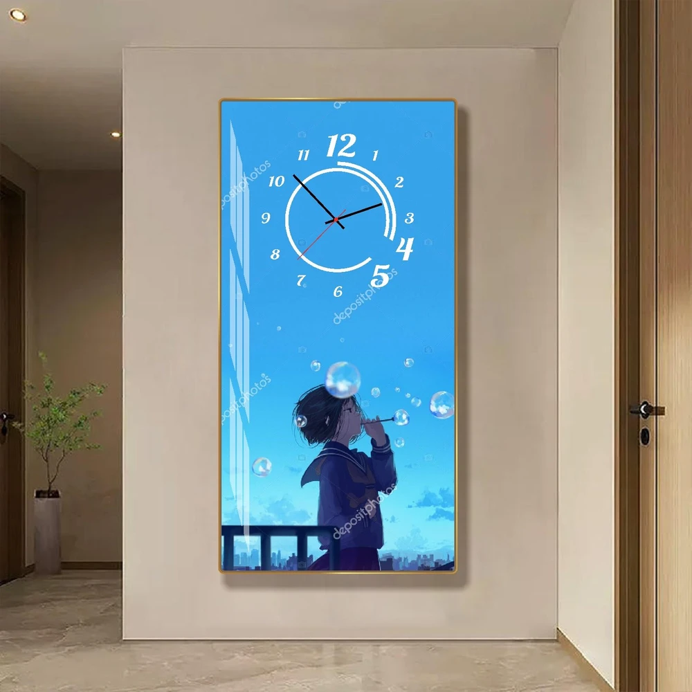 Tranh Đồng Hồ Treo Tường Anime Cô Gái Thổi Bóng Bóng