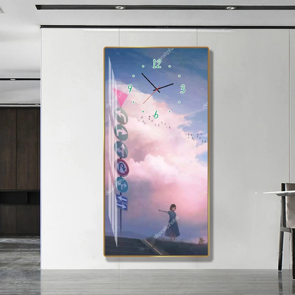 Tranh Đồng Hồ Treo Tường Cô Gái, Bầu Trời Và Chim