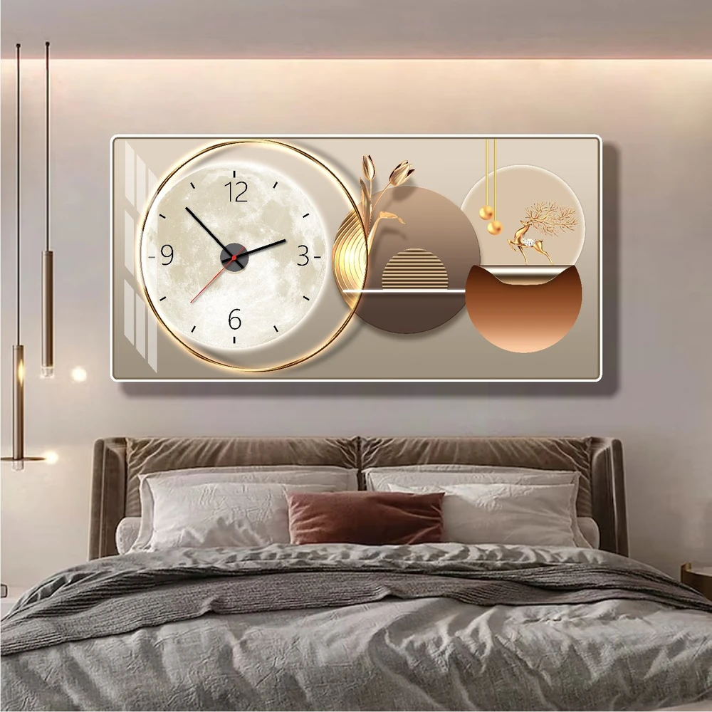 Tranh Đồng Hồ Treo Tường UV Pha Lê Bóng Hươu Vàng Và Mặt Trăng Nghệ Thuật