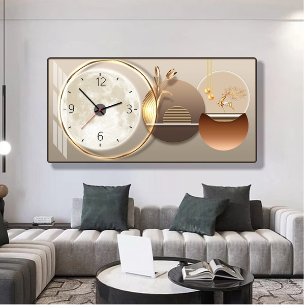 Tranh Đồng Hồ Treo Tường UV Pha Lê Bóng Hươu Vàng Và Mặt Trăng Nghệ Thuật