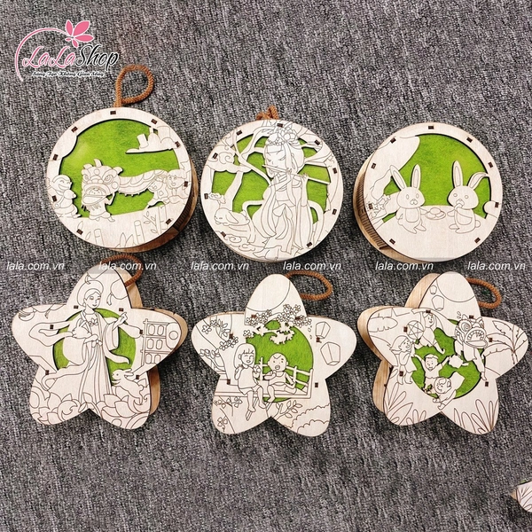 Lồng Đèn Trung Thu Bằng Gỗ Hình Tròn Múa Lân Ông Địa kèm Màu