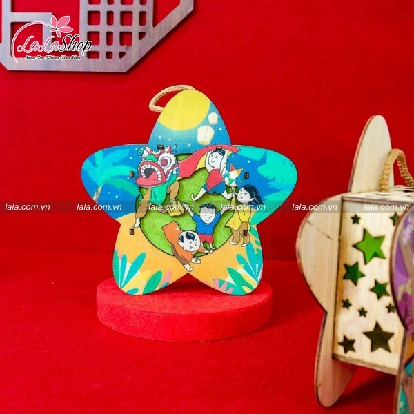 Lồng Đèn Trung Thu Bằng Gỗ Hình Ngôi Sao Bé Múa Lân