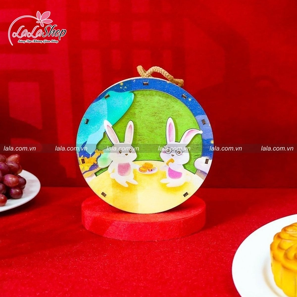 Lồng Đèn Trung Thu Bằng Gỗ Hình Tròn Thỏ Trắng