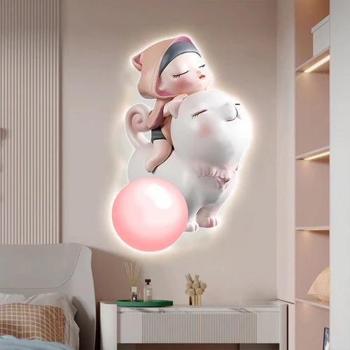 Tranh Đèn Led Tráng Gương Pha Lê Uv Bé Gái Đang Ngủ Trên Lưng Mèo