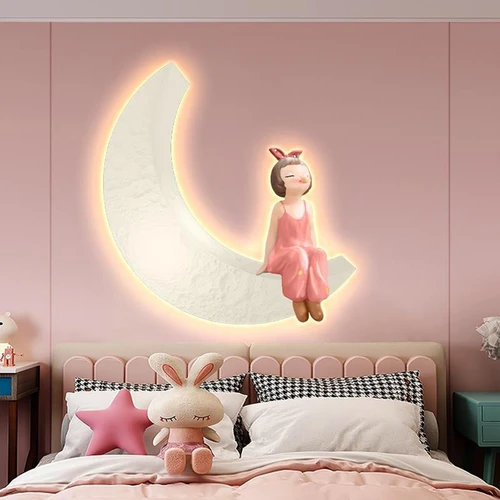 Tranh Đèn Led Tráng Gương Pha Lê Uv Bé Gái Ngồi Trên Mặt Trăng