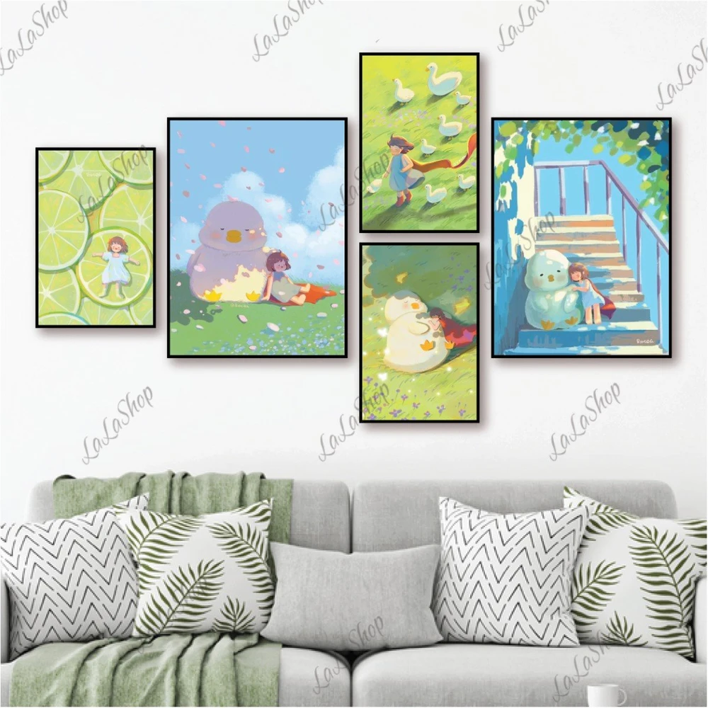 Set 5 Tranh Dán Tường Bé Gái Và Con Vịt Có Keo Sẵn
