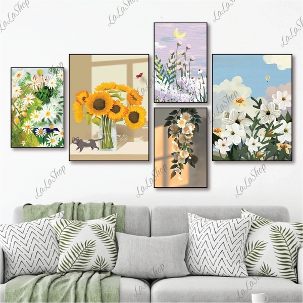 Set 5 Tranh Dán Tường Hoa Nghệ Thuật Có Keo Sẵn