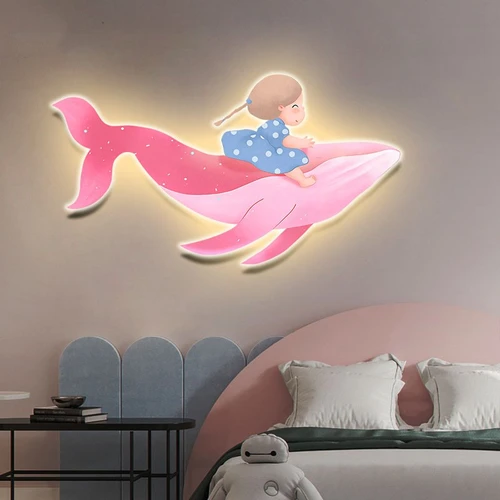 Tranh Đèn Led Tráng Gương Pha Lê Uv Bé Gái Ngồi Trên Cá Heo Hồng