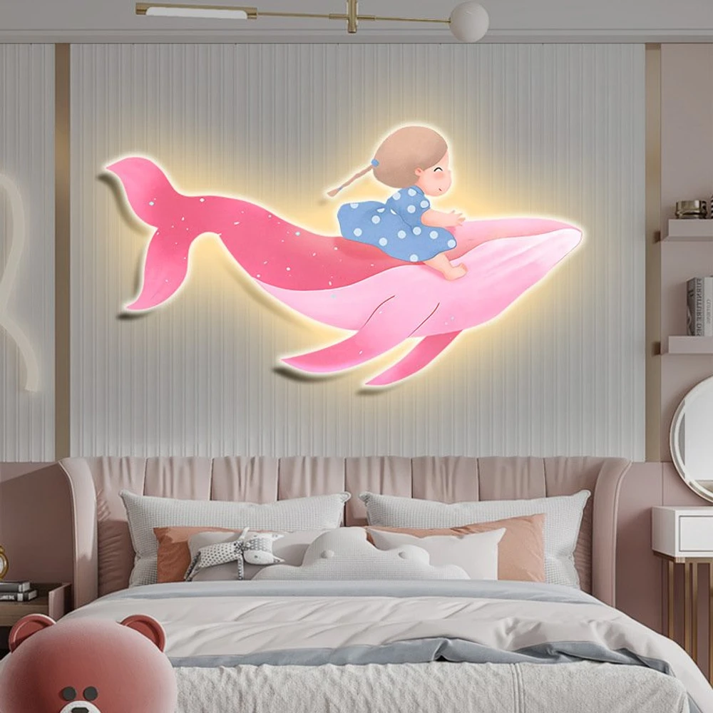 Tranh Đèn Led Tráng Gương Pha Lê Uv Bé Gái Ngồi Trên Cá Heo Hồng