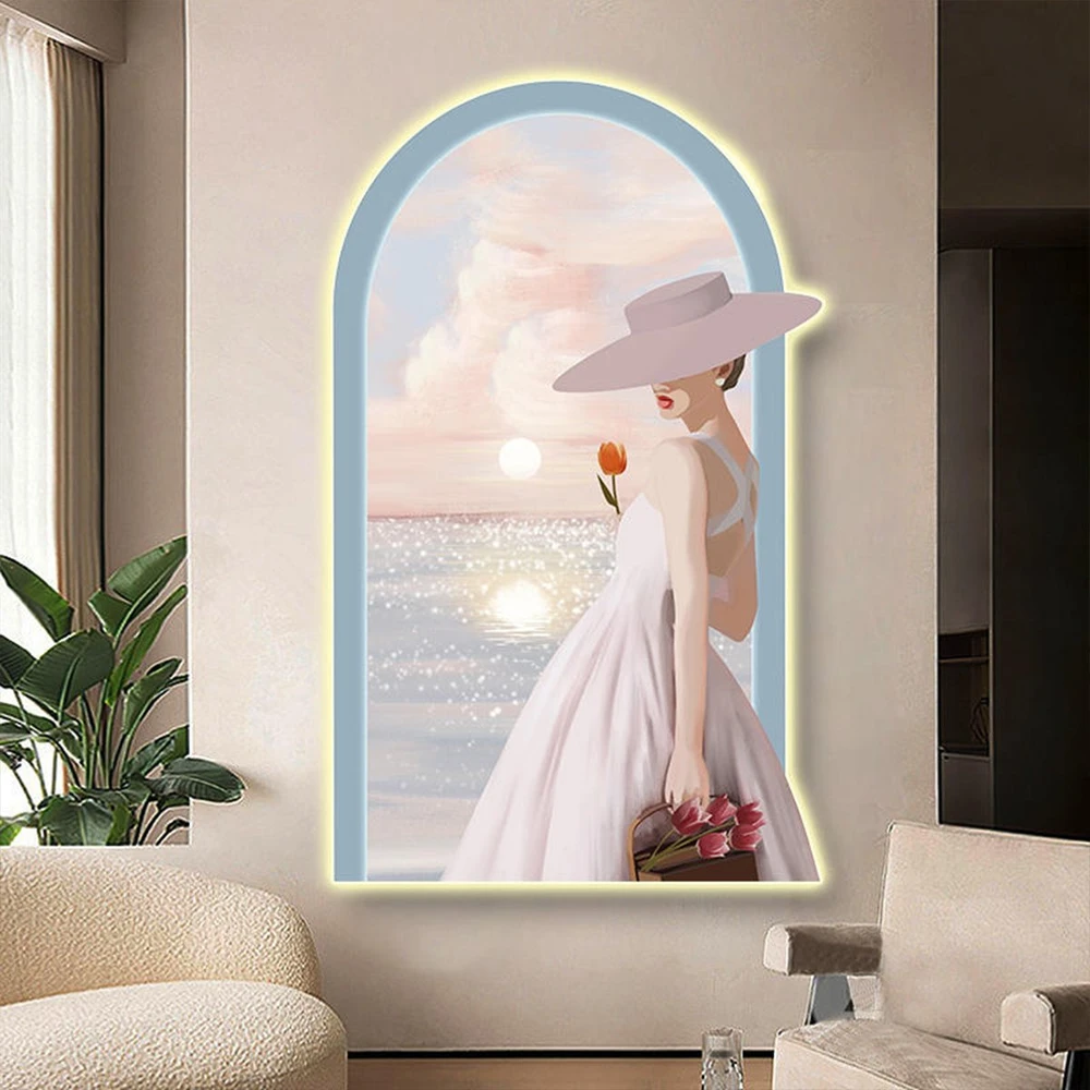 Tranh Đèn Led Tráng Gương Pha Lê Uv Cô Gái Bên Bãi Biển