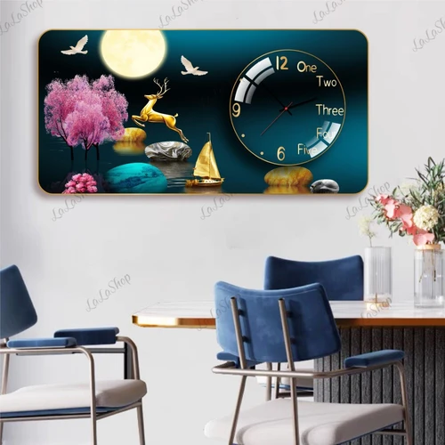 Tranh Đồng Hồ Nổi 3D Hươu Vàng Bên Dòng Suối