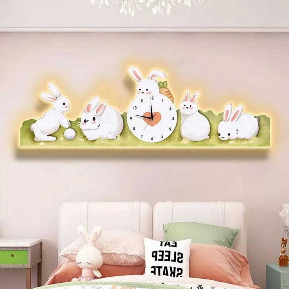 Tranh Đồng Hồ Tráng Gương Pha Lê Uv Những Con Thỏ Đáng Yêu