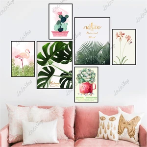 Set 6 Tranh Dán Tường Chim Hồng Hạc Và Lá Xanh Có Keo Sẵn Size lớn: gồm 4 tranh 20x30cm và 2 tranh 30x40cm (S)