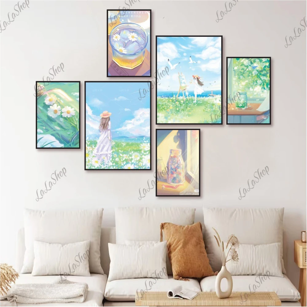 Set 6 Tranh Dán Tường Cô Gái Và Hoa Cúc Có Keo Sẵn