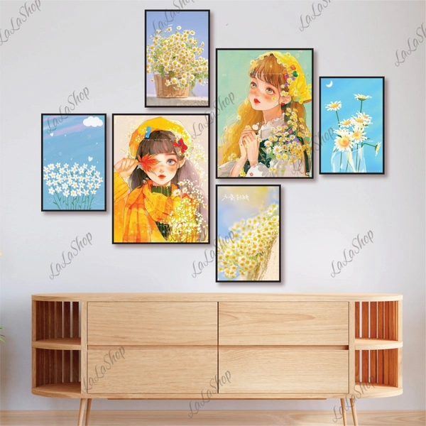 Set 6 Tranh Dán Tường Cô Gái Và Hoa Cúc Có Keo Sẵn