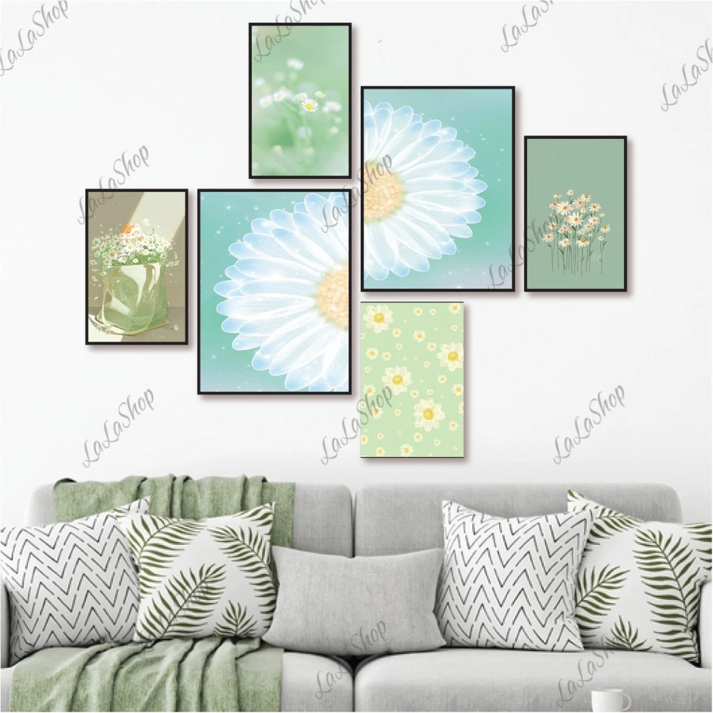 Set 6 Tranh Dán Tường Hoa Cúc Xanh Có Keo Sẵn