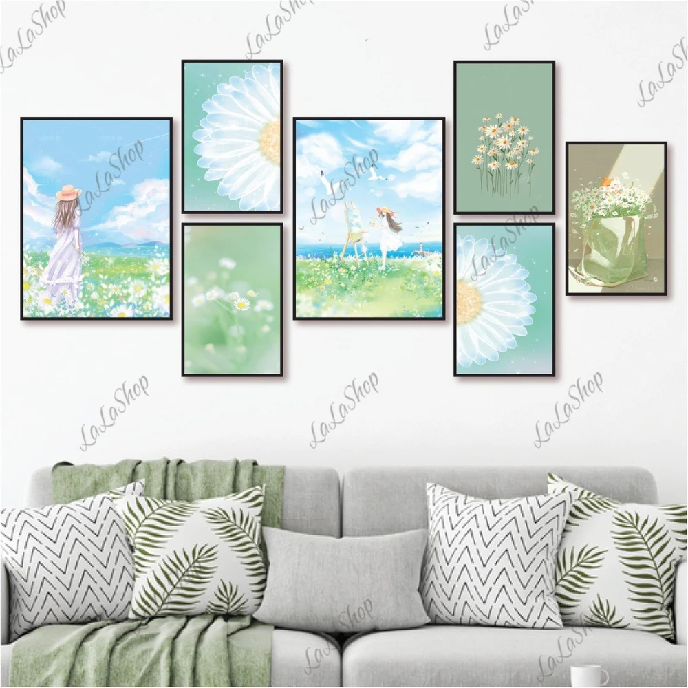 Set 7 Tranh Dán Tường Cô Gái Và Hoa Cúc Có Keo Sẵn Mẫu 2