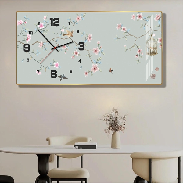 Tranh đồng hồ tráng gương treo tường phòng khách mẫu hoa đào 564