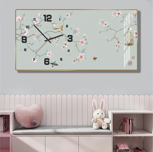 Tranh đồng hồ tráng gương treo tường phòng khách mẫu hoa đào 564