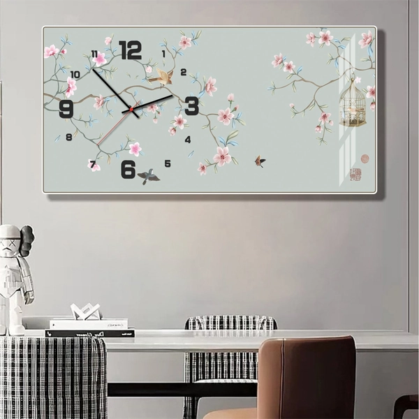 Tranh đồng hồ tráng gương treo tường phòng khách mẫu hoa đào 564