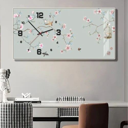 Tranh đồng hồ tráng gương treo tường phòng khách mẫu hoa đào 564