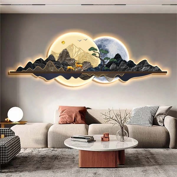 Tranh Đèn Led Tráng Gương Đôi Hươu Vàng Tài Lộc Và Núi Non Trùng Điệp