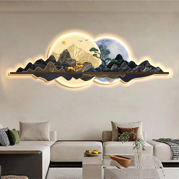 Tranh Đèn Led Tráng Gương Đôi Hươu Vàng Tài Lộc Và Núi Non Trùng Điệp