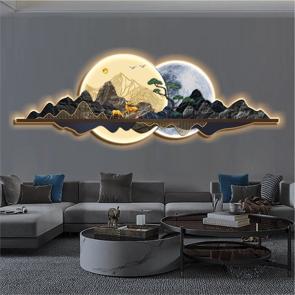 Tranh Đèn Led Tráng Gương Đôi Hươu Vàng Tài Lộc Và Núi Non Trùng Điệp